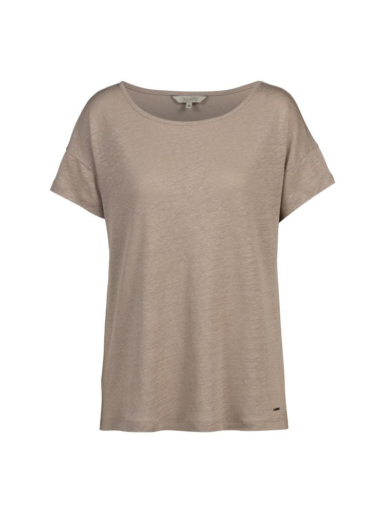 Herrlicher Leida Damen Leinenshirt in Taupe mit lockerem Schnitt und Rundhalsausschnitt.
