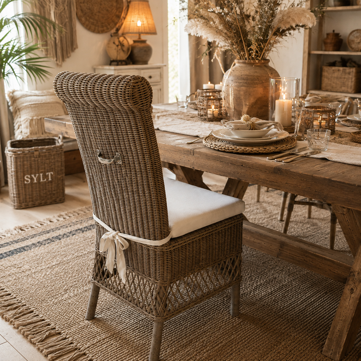 Rattan Dining Chair von STRANDGUT mit hoher geflochtener Rückenlehne und hellem Sitzkissen in Natur