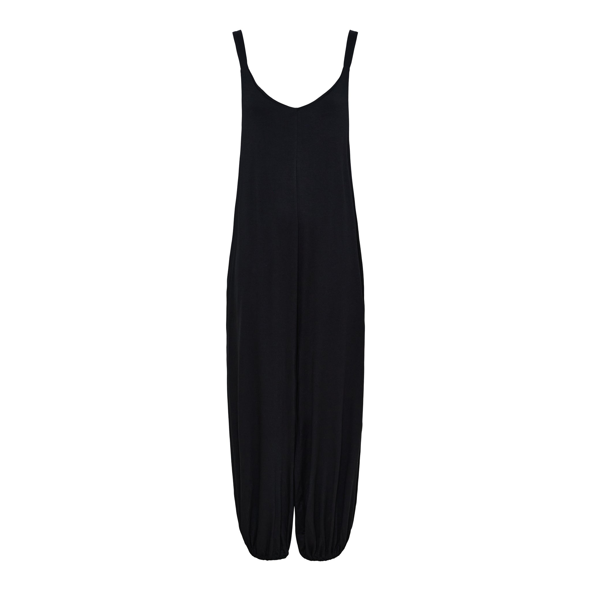 Schwarzer Jumpsuit von Marta du Château mit schmalen Trägern, fließender Passform, weitem Bein, elastischen Beinabschlüssen und seitlichen Eingrifftaschen.