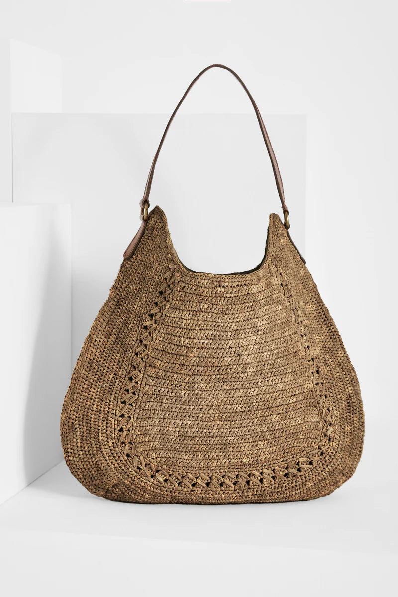 IBELIV MEVA Dark Tea Hobo-Tasche aus handgefertigtem Raffia mit Lederhenkel