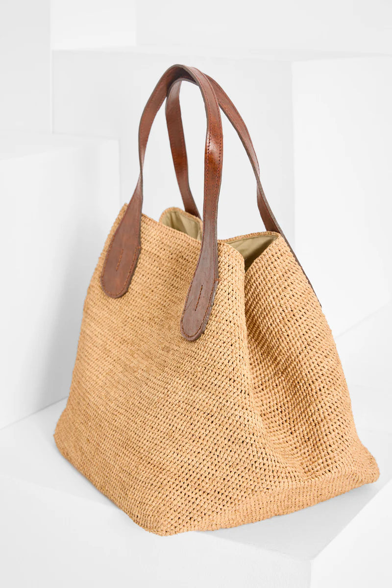 IBELIV TOKYO II Korbtasche aus handgefertigtem Raffia mit Ledergriffen und Bio-Baumwollfutter