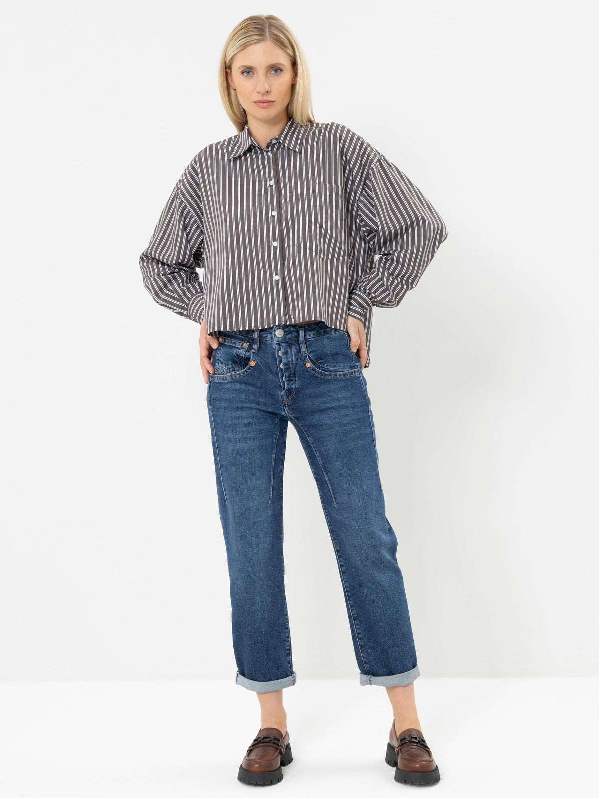 HERRLICHER Perlina Bluse Popelin Striped Coffee