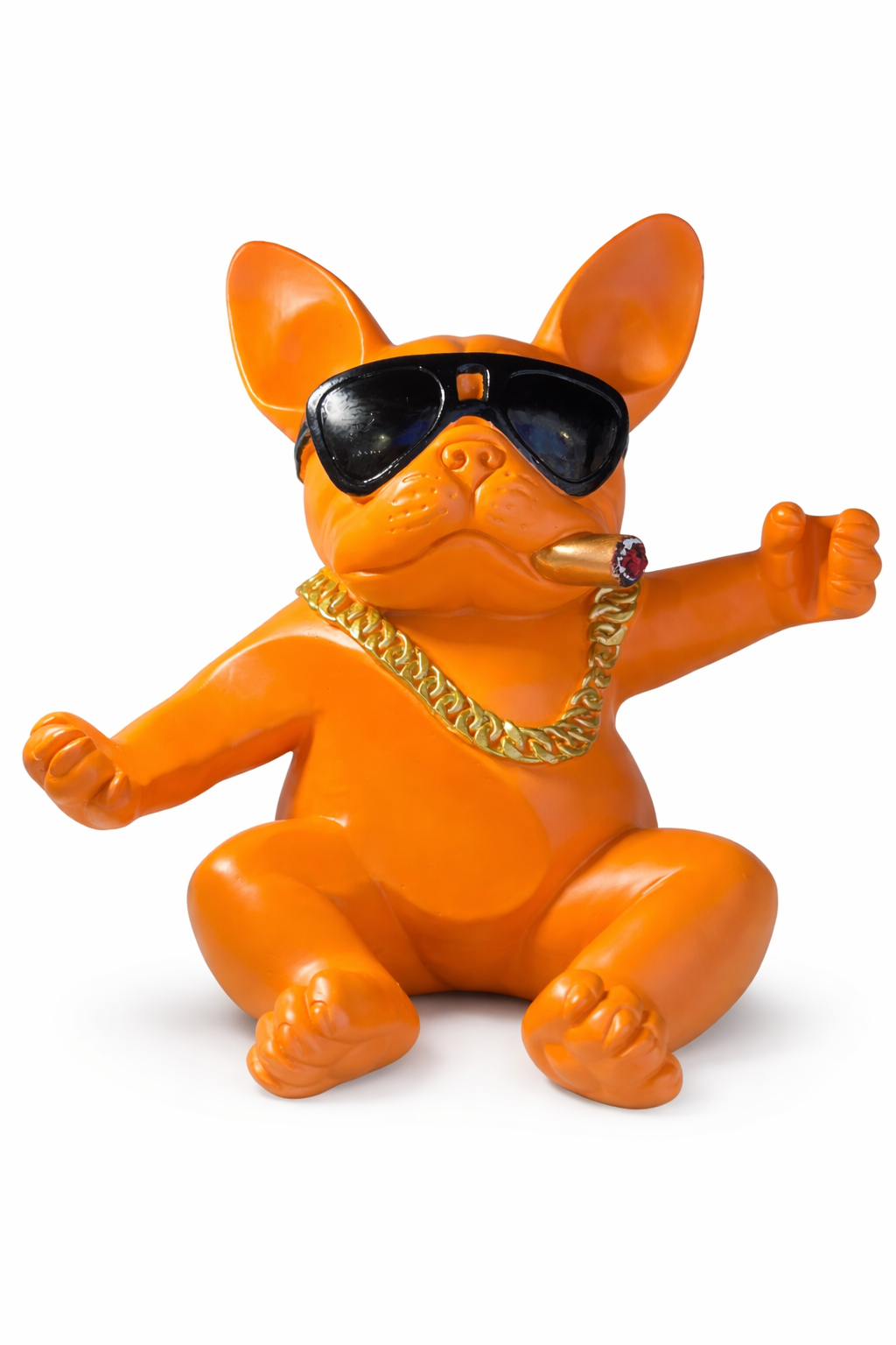 Oranger Flaschenhalter als Bulldogge mit Sonnenbrille und Zigarre