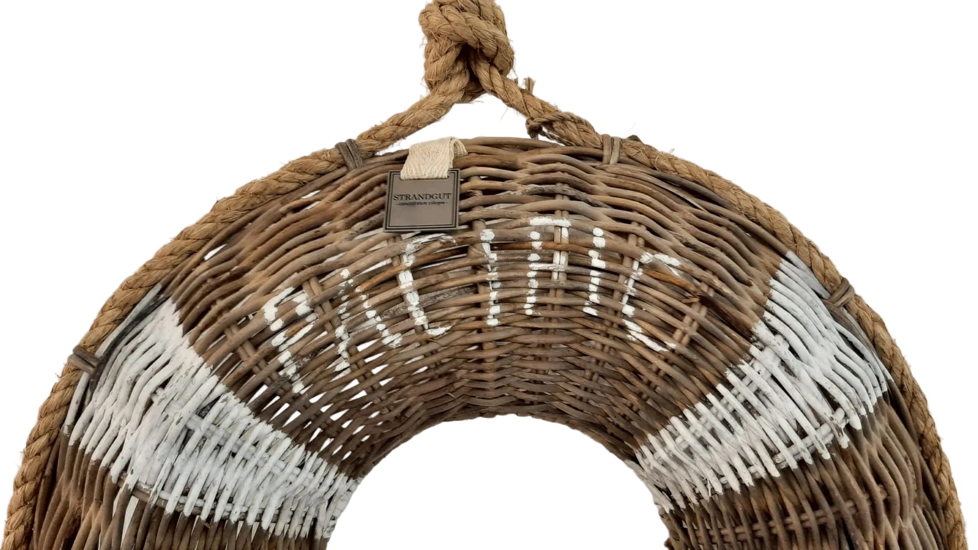 Handgeflochtener Rettungsring aus Rattan mit maritimer Aufschrift als Wanddekoration, erhältlich in 40 cm und 60 cm.