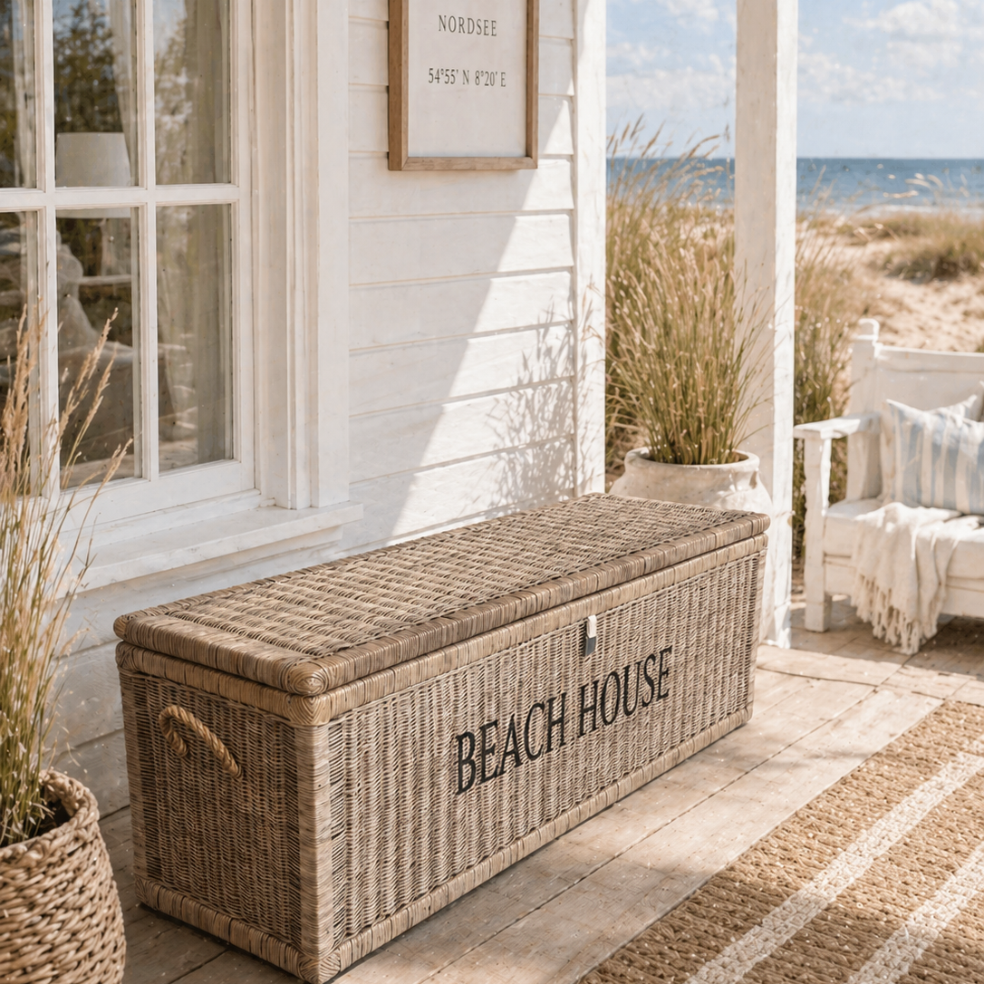 Große Rattantruhe mit seitlichen Griffen und schwarzer Aufschrift BEACH HOUSE von STRANDGUT.