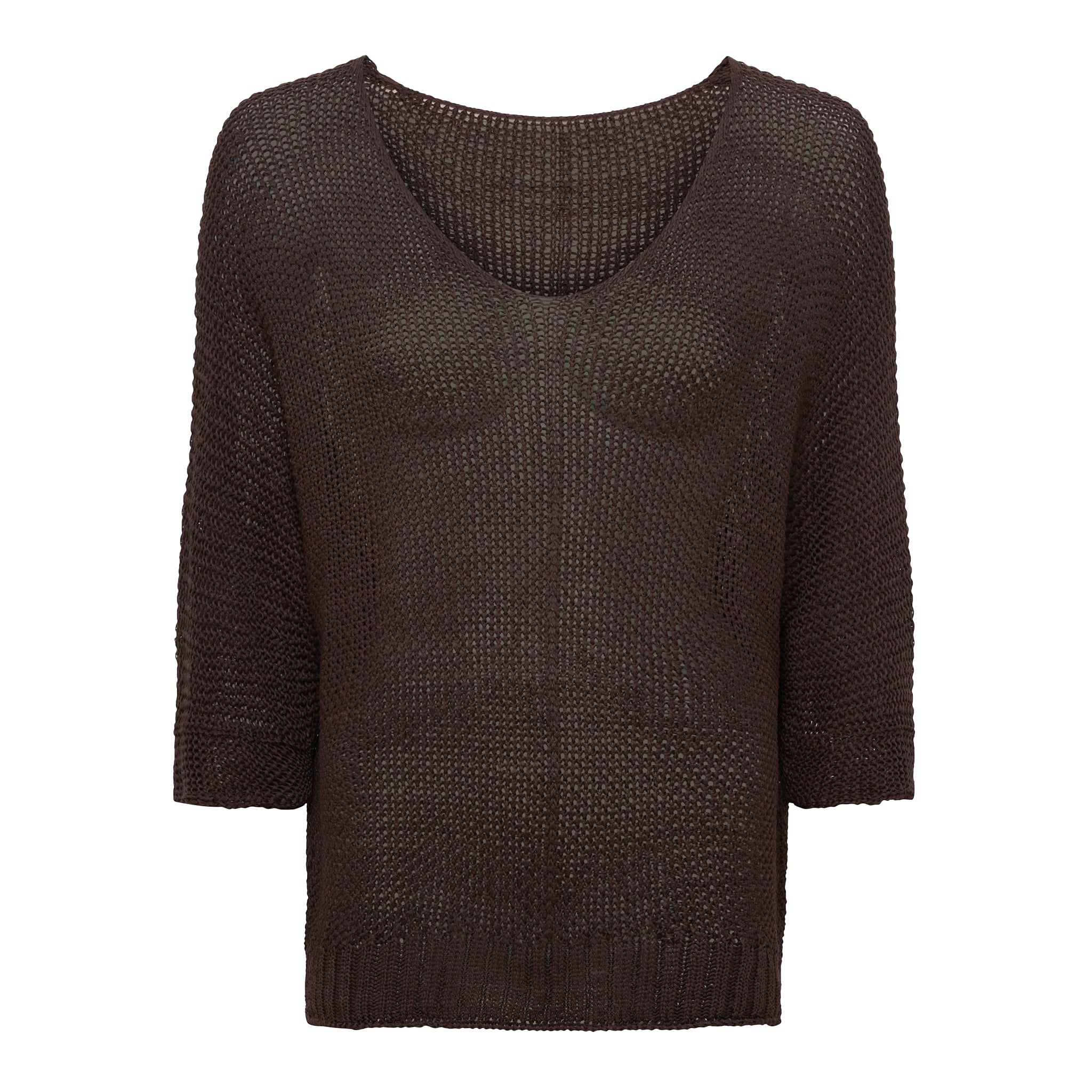 Brauner Damen-Strickpullover mit luftiger Grobstrickstruktur, Rundhalsausschnitt und 3/4-Ärmeln von Marta du Chateau auf weißem Hintergrund.