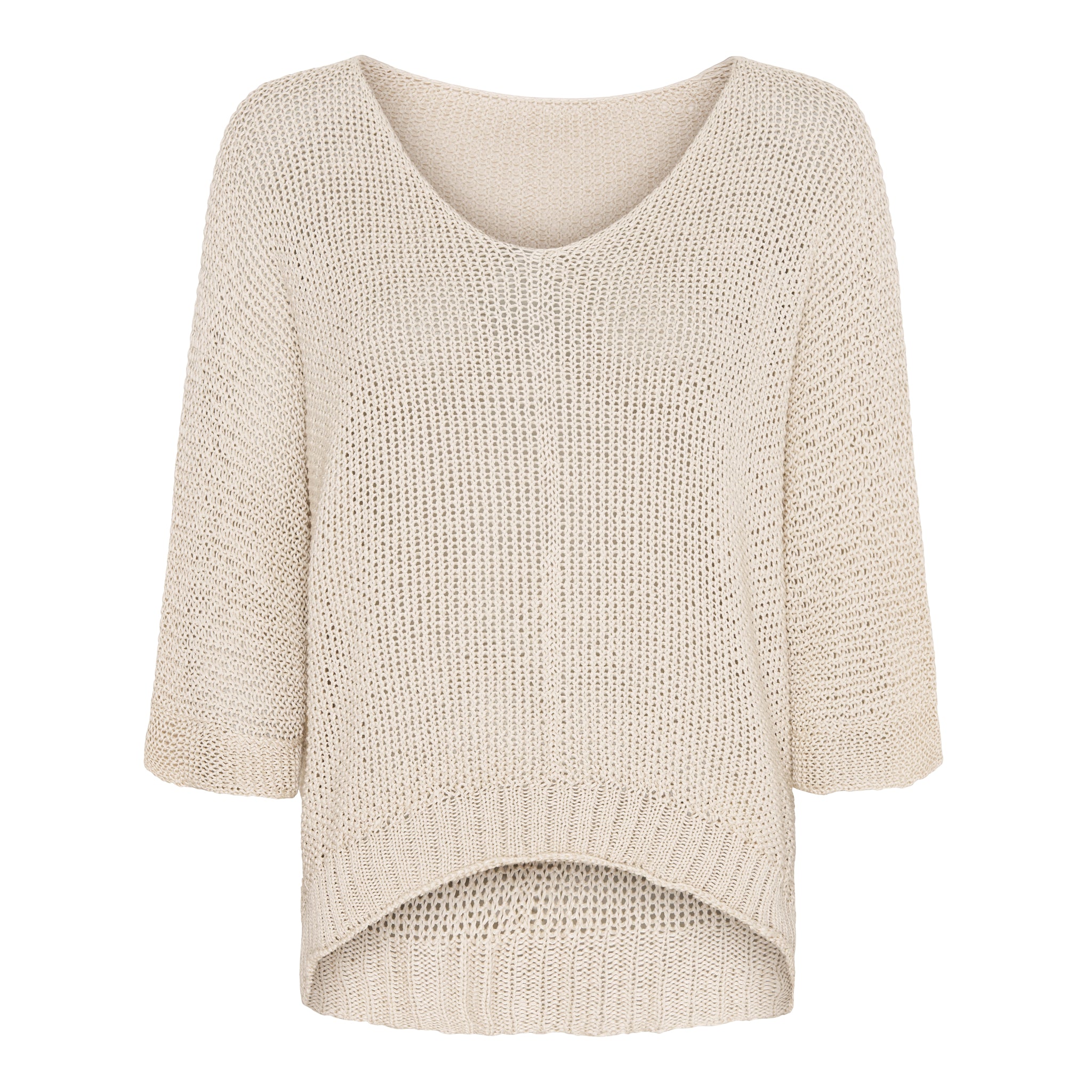 Cremefarbener Strickpullover von Marta du Château mit V-Ausschnitt, lockerem Grobstrick, 3/4-Ärmeln und lässiger Oversize-Passform.