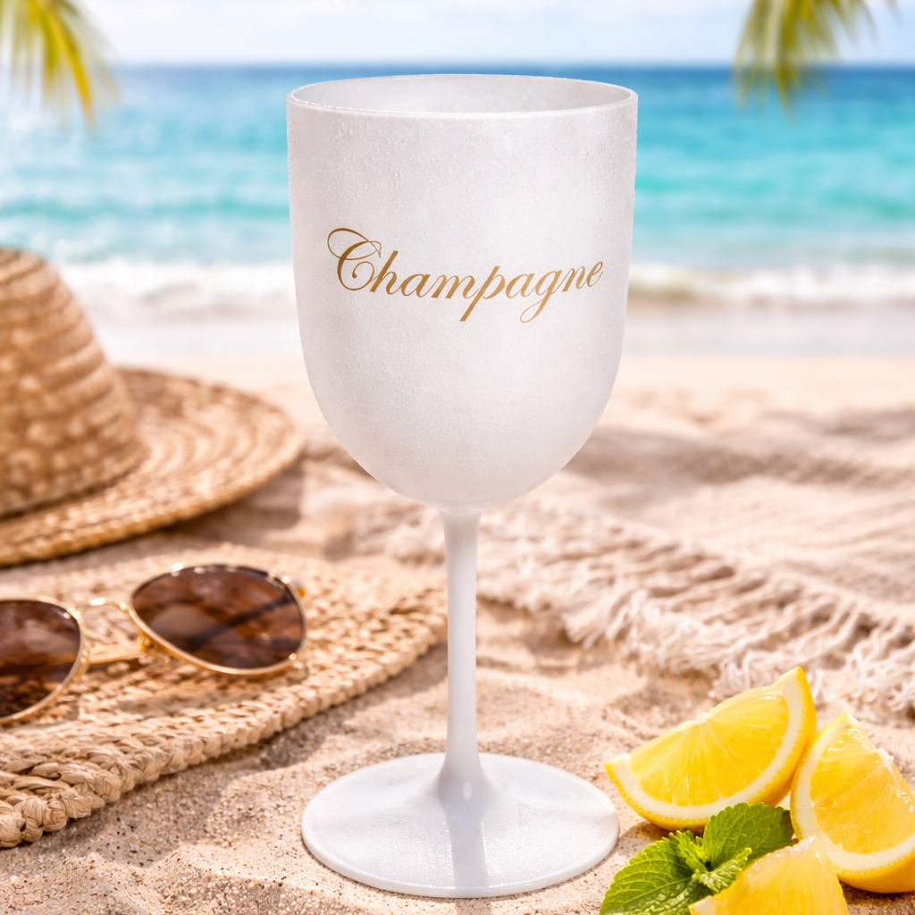 Weisses Kunsstoffglas mit goldener Aufschrift "Chhampagne"