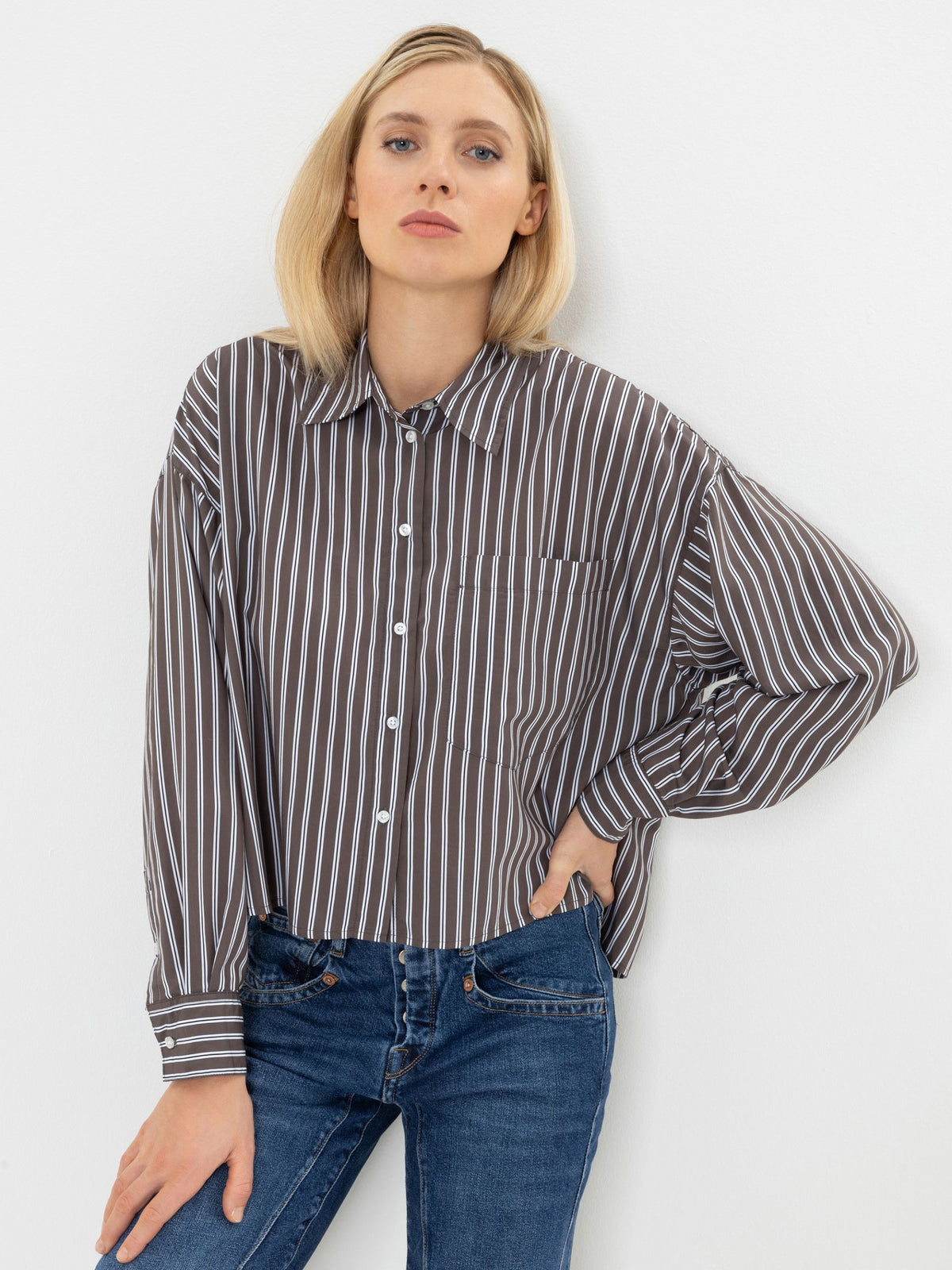 HERRLICHER Perlina Bluse Popelin Striped Coffee