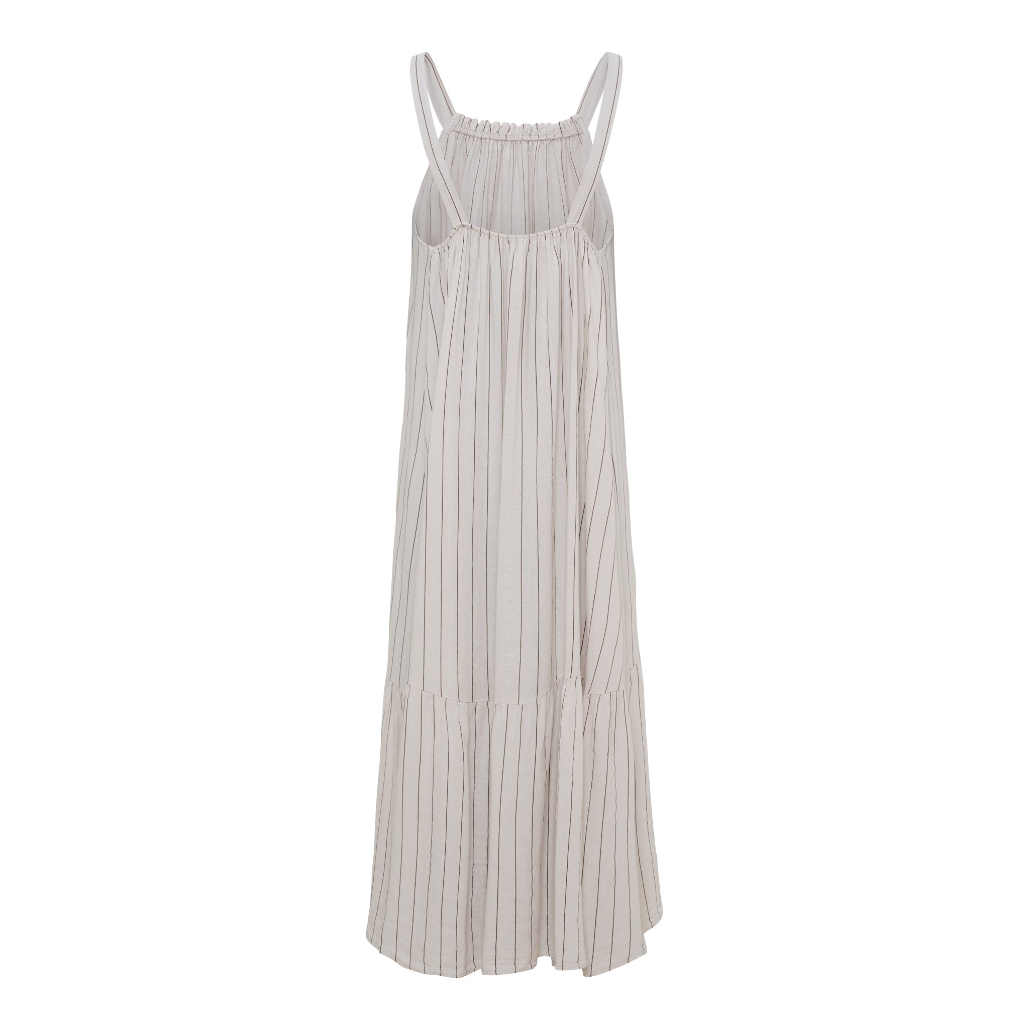 Luftiges Maxikleid von Marta du Château in Sabbia Stripe mit feinen Streifen, schmalen Trägern und fließendem Rock in sandfarbener Optik.