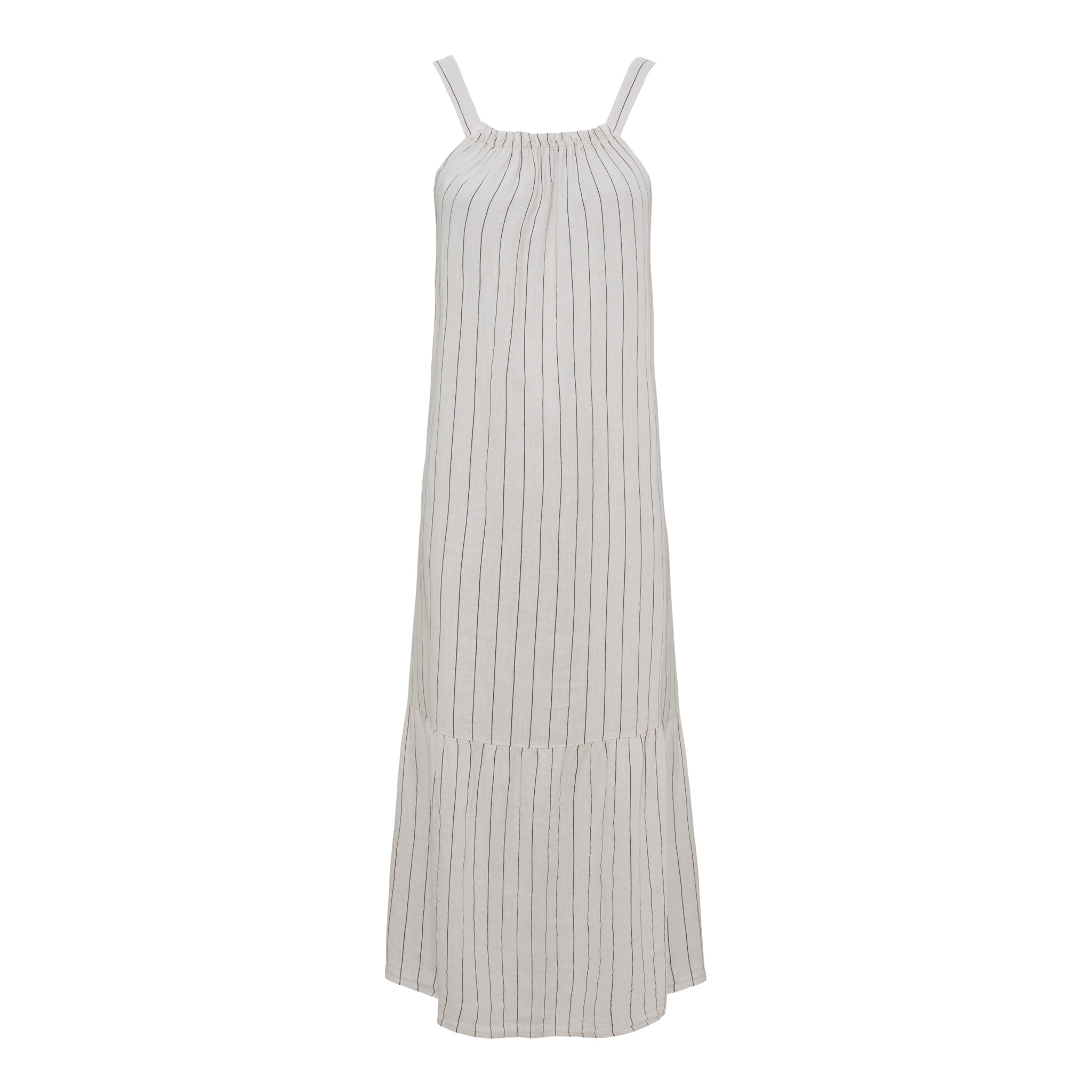 Luftiges Maxikleid von Marta du Château in Sabbia Stripe mit feinen Streifen, schmalen Trägern und fließendem Rock in sandfarbener Optik.