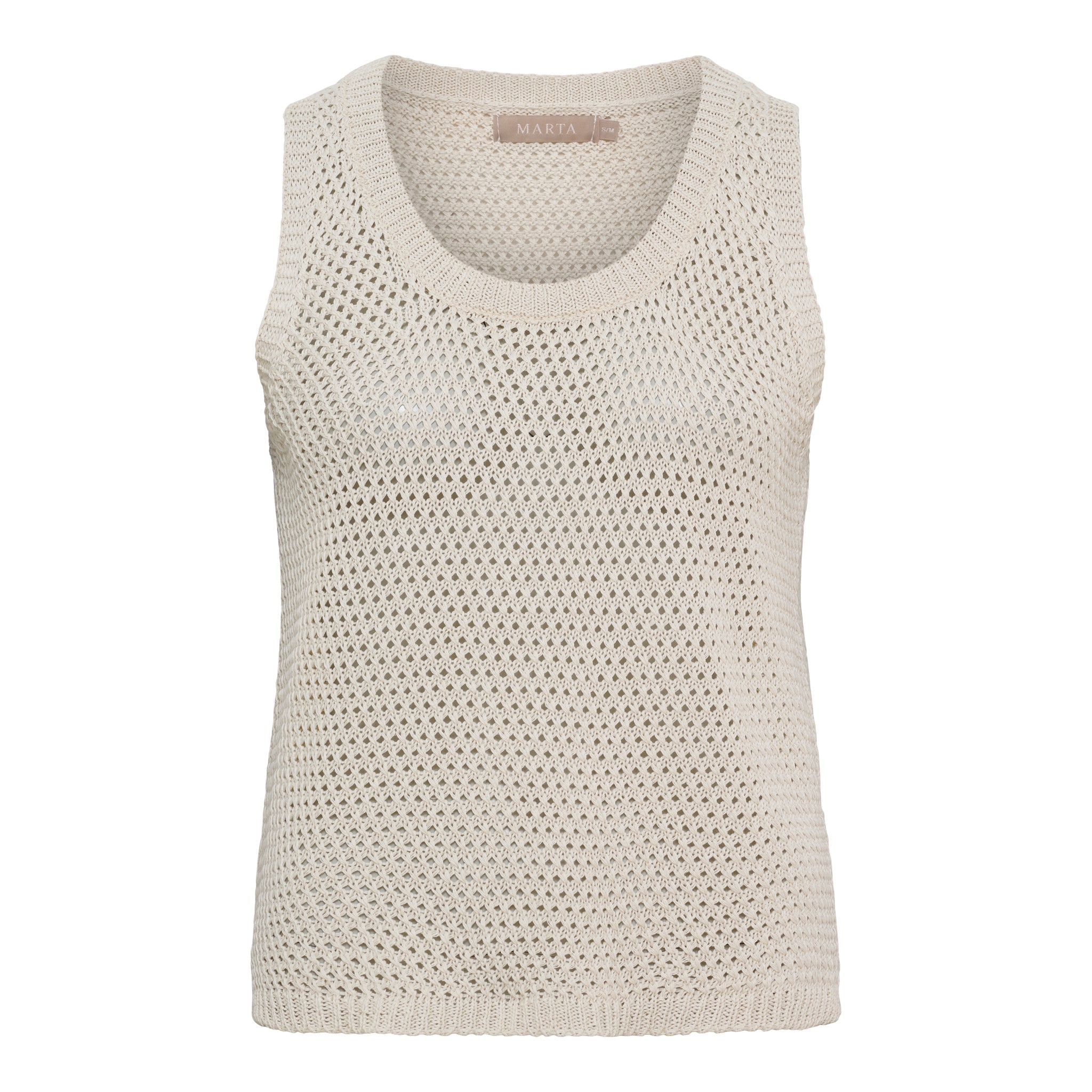 Cremefarbenes ärmelloses Stricktop von Marta du Château mit luftigem Ajour-Strick und Rundhalsausschnitt.