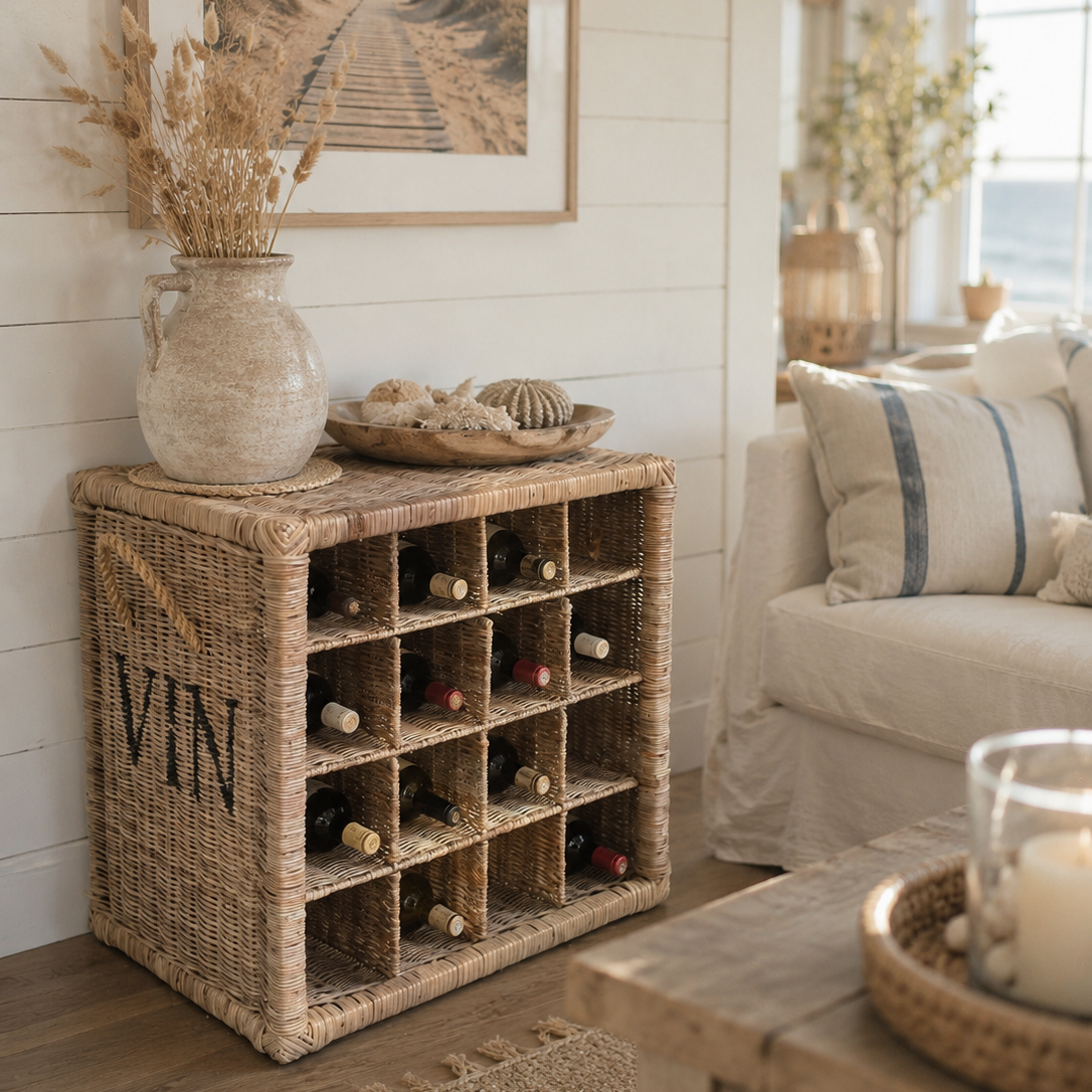 Weinregal aus Rattan mit 16 Fächern und der Aufschrift VIN