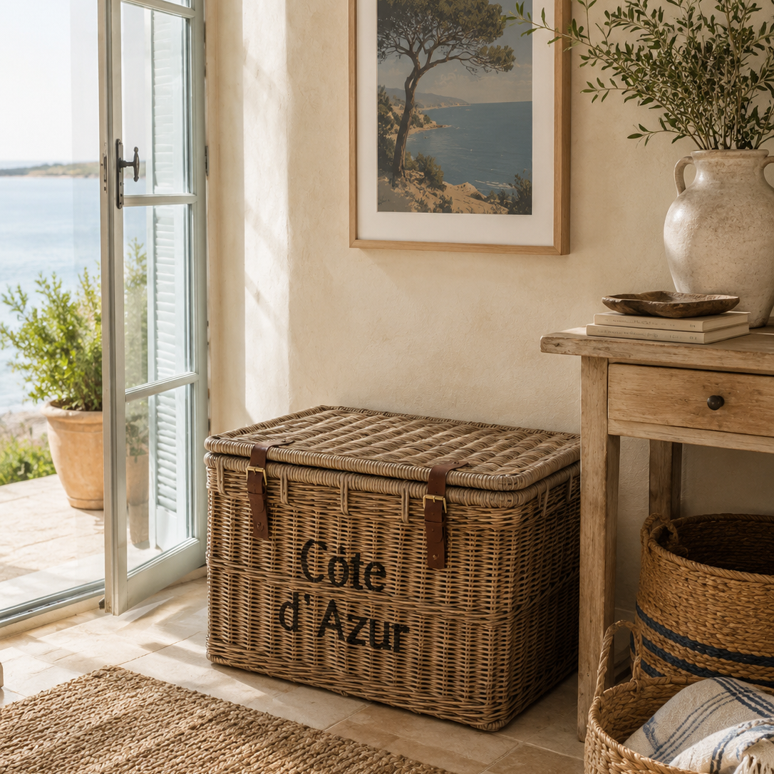 Rattantruhe mit Lederriemen und Schriftzug Cote d' Azur in Größe L