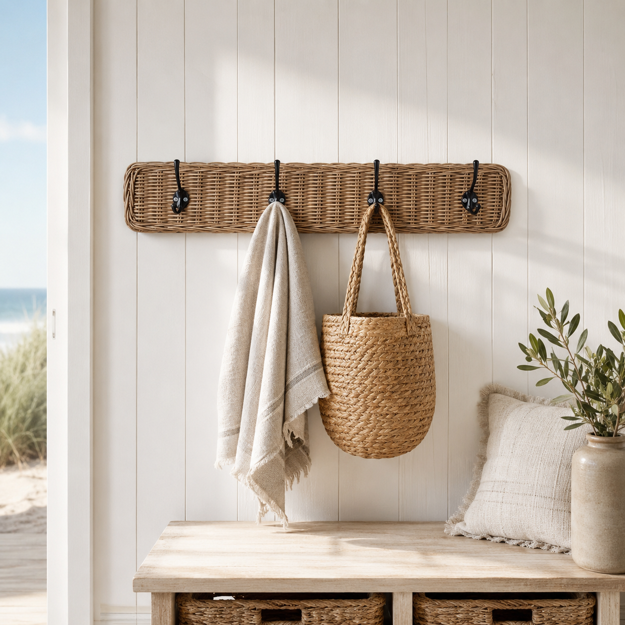 Wandhakenleiste aus Rattan mit 4 schwarzen Haken aus Gußeisen von STRANDGUT.