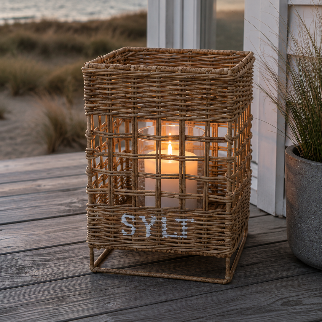 Quadratisches Windlicht aus Rattan mit Aufschrift "SYLT"