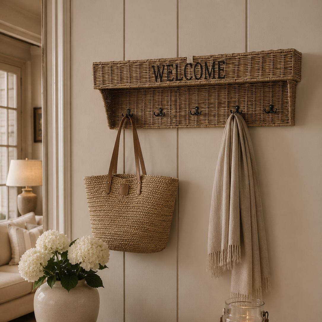 Garderobe aus Rattan mit 5 Doppelhaken aus schwarzem Metall und der Aufschrift WELCOME