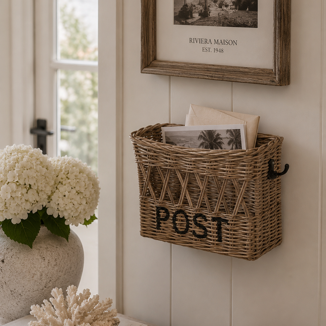 Handgefertigter Rattan Wandkorb mit POST-Aufschrift im Coastal- und Hampton-Style an heller Wand im Strandhaus.