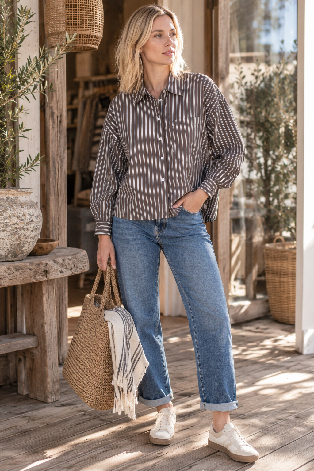 HERRLICHER Perlina Bluse Popelin Striped Coffee