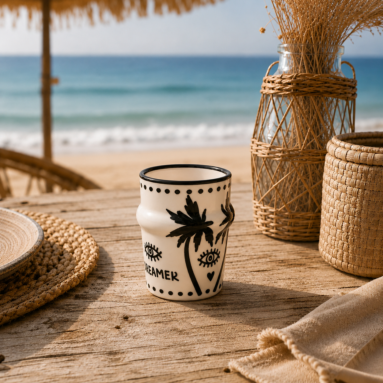 Handbemahlter Cappuccinobecher mit schwarzem Palmenprint aus der DREMER Collection von LUNA AZUL