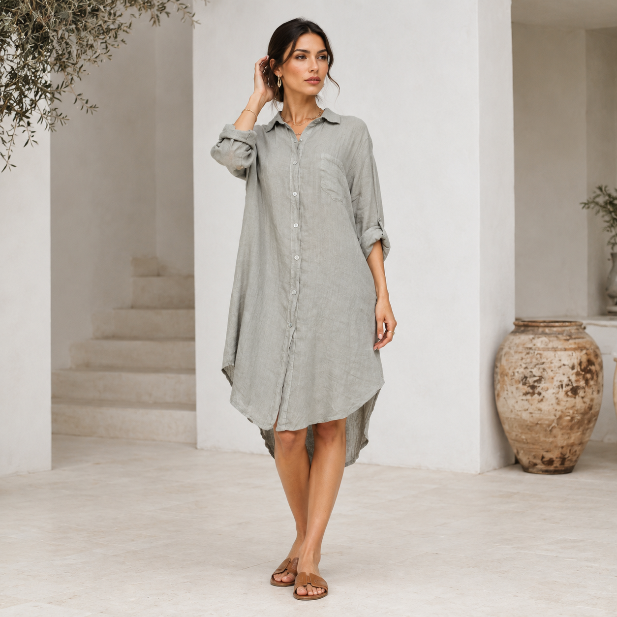 Damen Leinenkleid aus 100 % Leinen in Salbeigrau mit Knopfleiste und langen Ärmeln in mediterranem Ambiente.