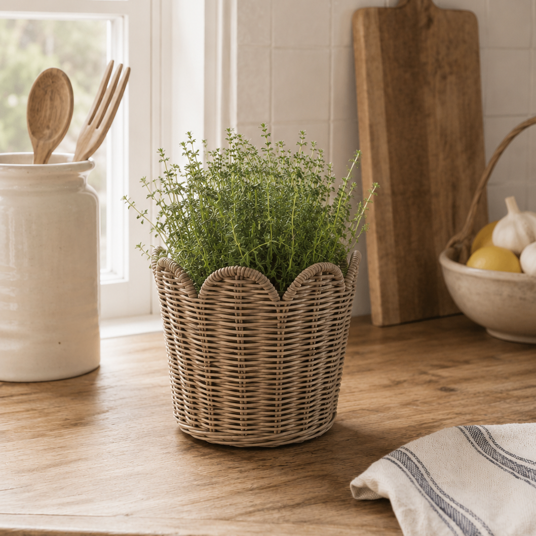 Übertöpfe mit gewelltem Rand aus Rattan von STRANDGUT