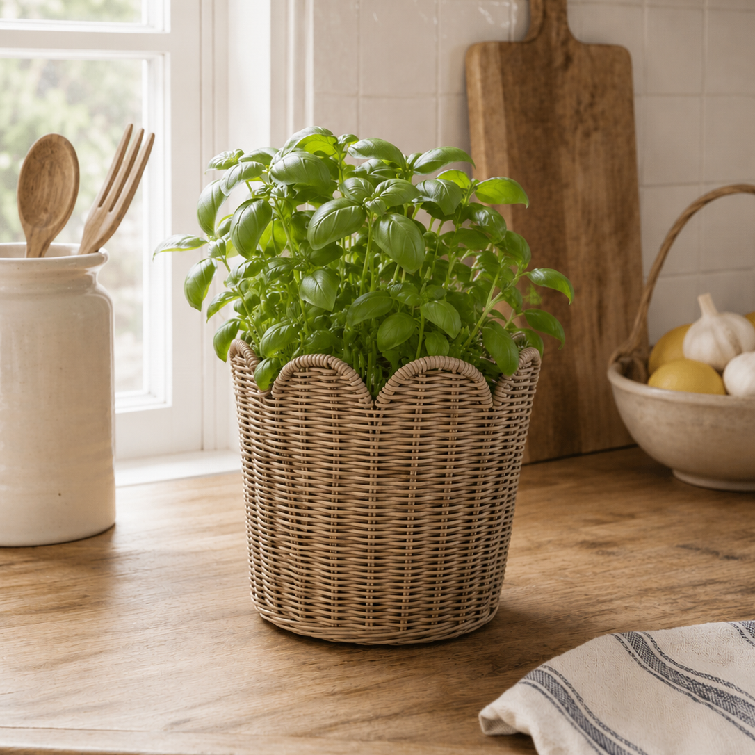 Übertöpfe mit gewelltem Rand aus Rattan von STRANDGUT
