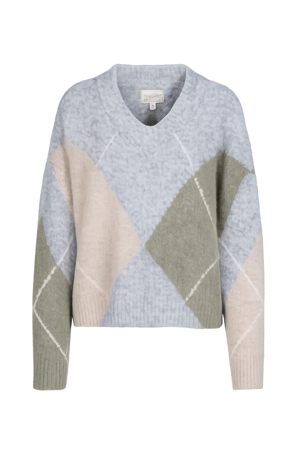 HERRLICHER Floralin Knit Mohair Touch Pullover mit V-Ausschnitt und Rautenmuster in Hellblau, Beige und Salbeigrün.