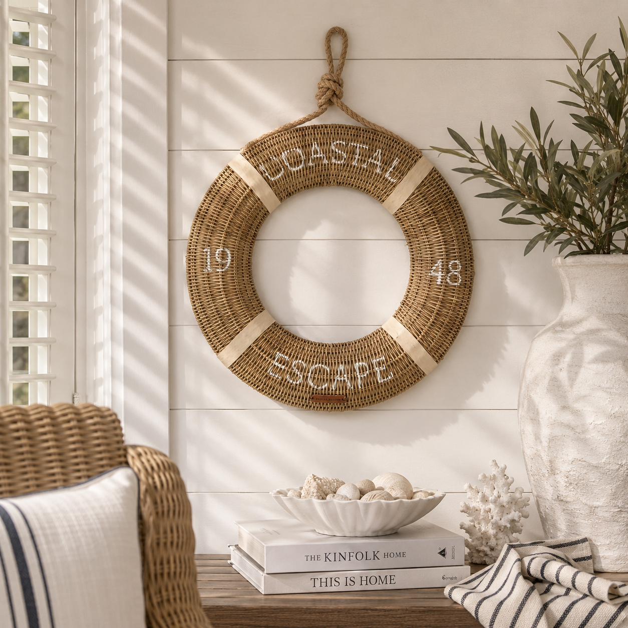 Dekorativer Rettungsring aus Rattan mit Aufschrift Coastal Escape 1948 von Riviera Maison