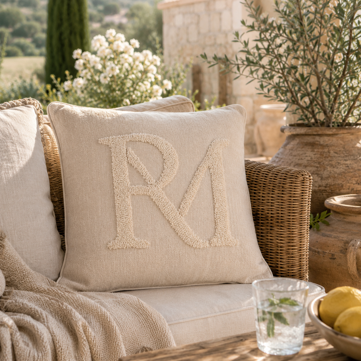 Kissen 50x50 RM Lunessa Pillow mit Logo-Stickerei RM von Riviera Maison.