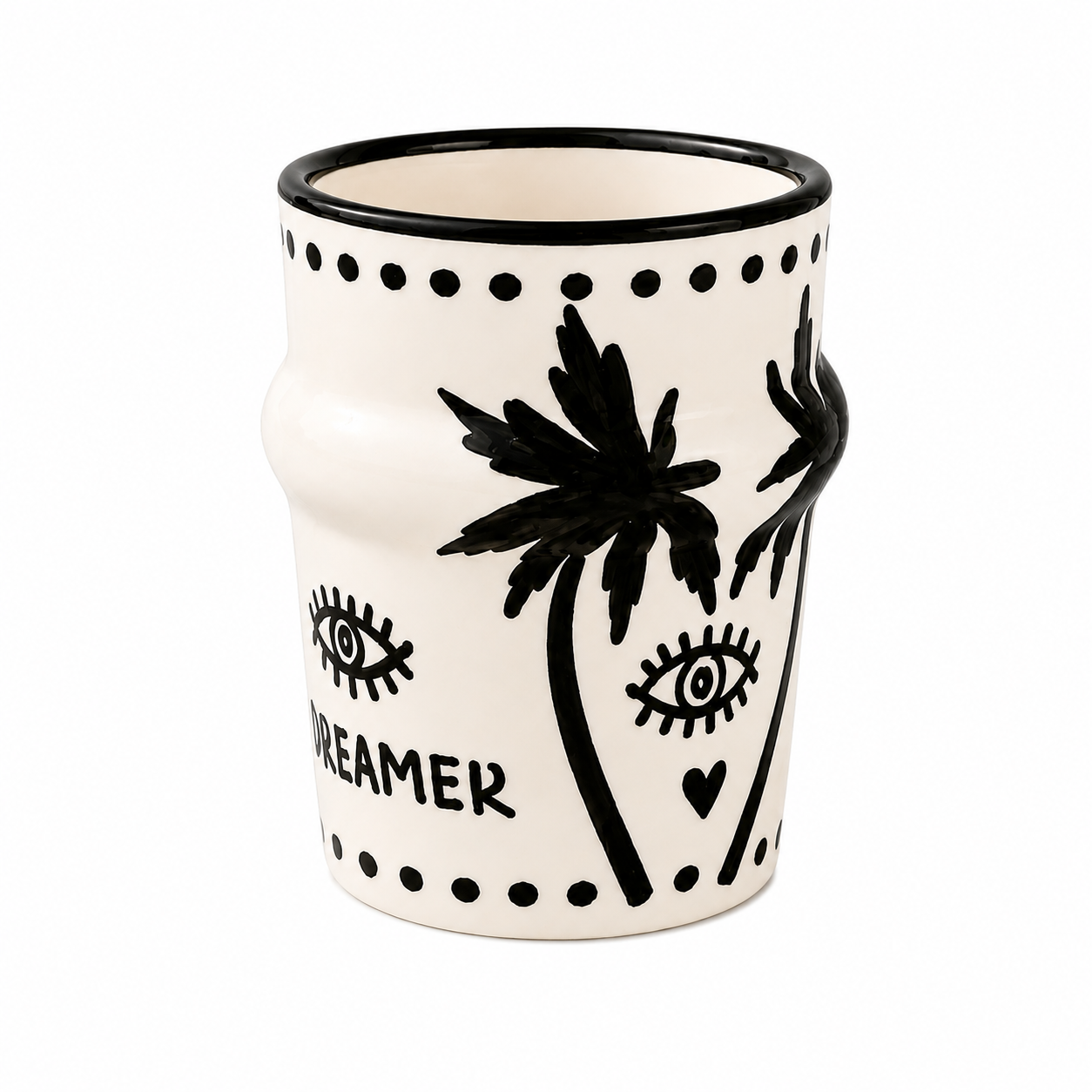 Handbemahlter Cappuccinobecher mit schwarzem Palmenprint aus der DREMER Collection von LUNA AZUL
