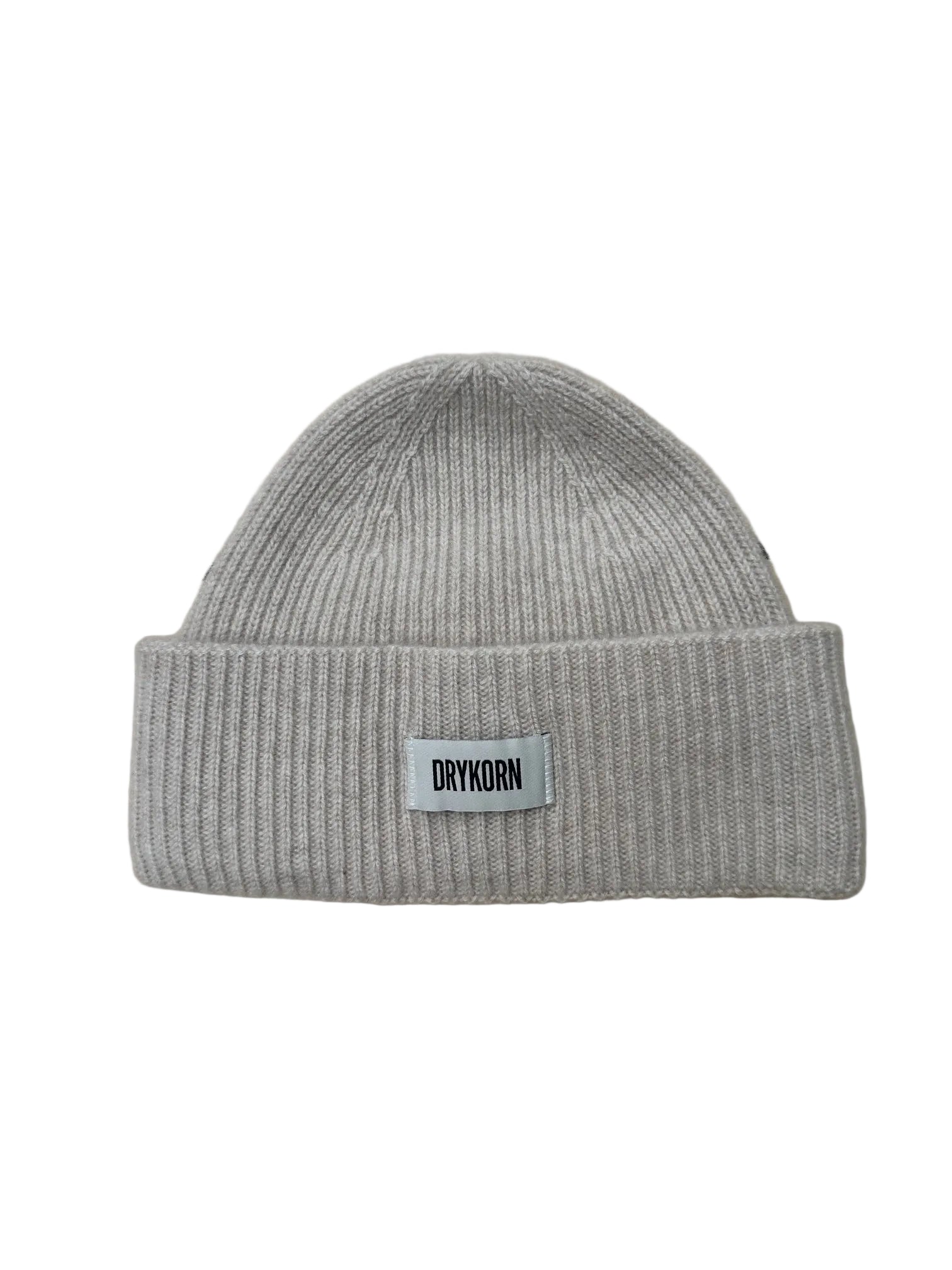 DRYKORN Mütze MOAH in Beige aus 100 % Kaschmir mit breitem Umschlag und Logo-Patch.