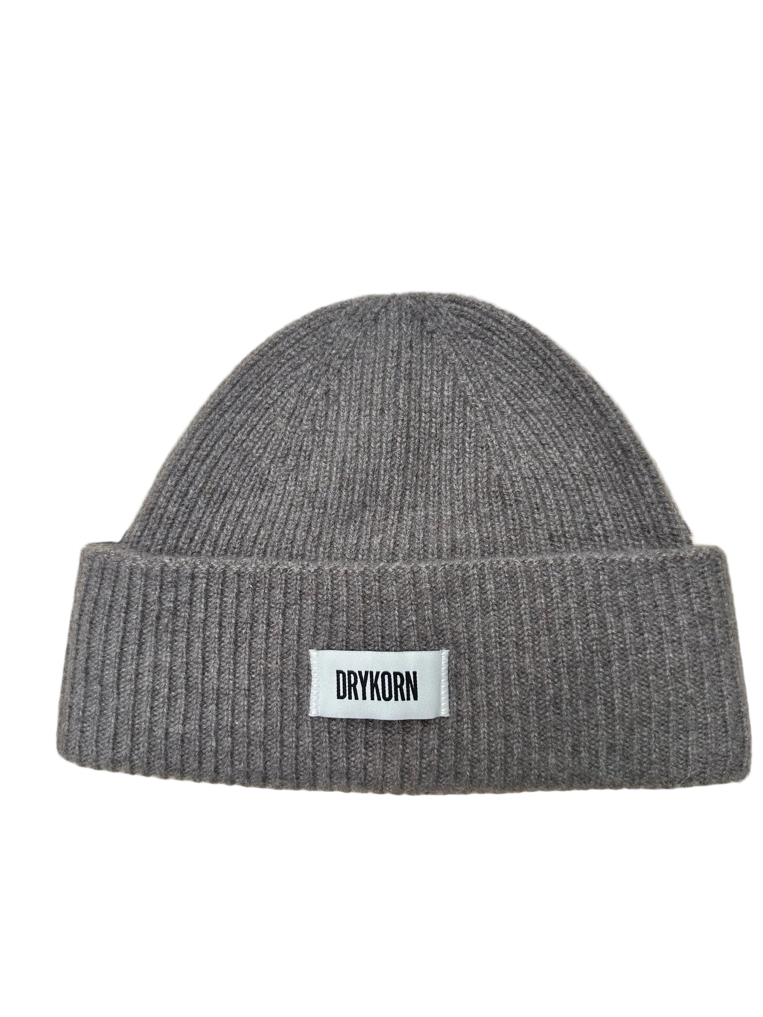 DRYKORN Mütze MOAH in Beige aus 100 % Kaschmir mit breitem Umschlag und Logo-Patch.