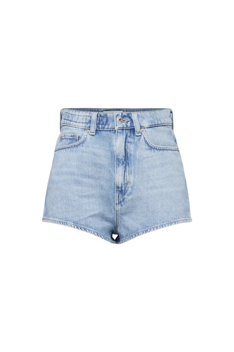 Drykorn Denim Shorts SNUCK aus hell gewaschenem Baumwoll-Denim mit High-Waist-Bund, Relaxed Fit und klassischem 5-Pocket-Design. Lässige Damen-Jeansshorts mit dezentem Used-Look.