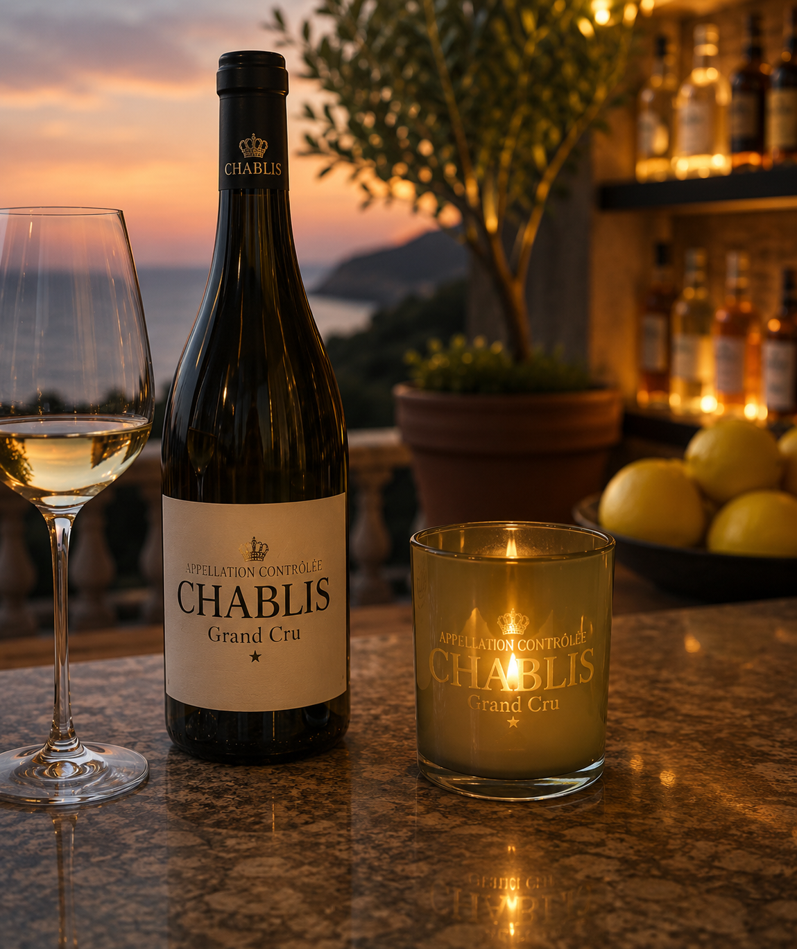 Glaswindlicht mit Aufschrift CHABLIS