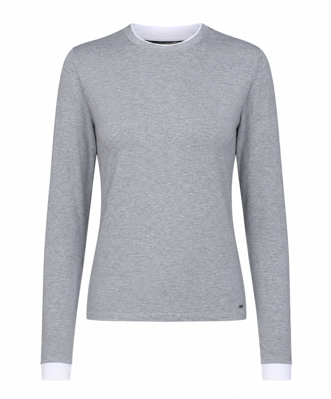 HERRLICHER Hollis Jersey Langarmshirt in Hellgrau mit Rundhalsausschnitt und weißen Kontrastabschlüssen.