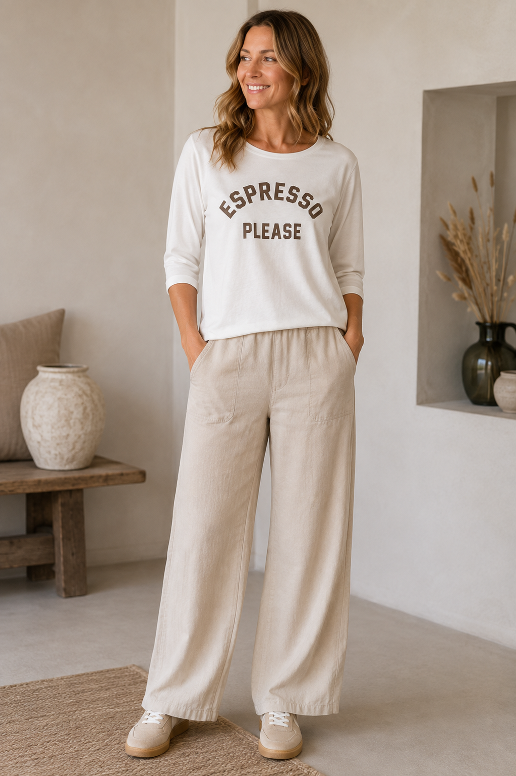 Herrlicher Angelika Jersey Shirt in Weiß mit braunem Espresso Please Print und 3/4-Ärmeln