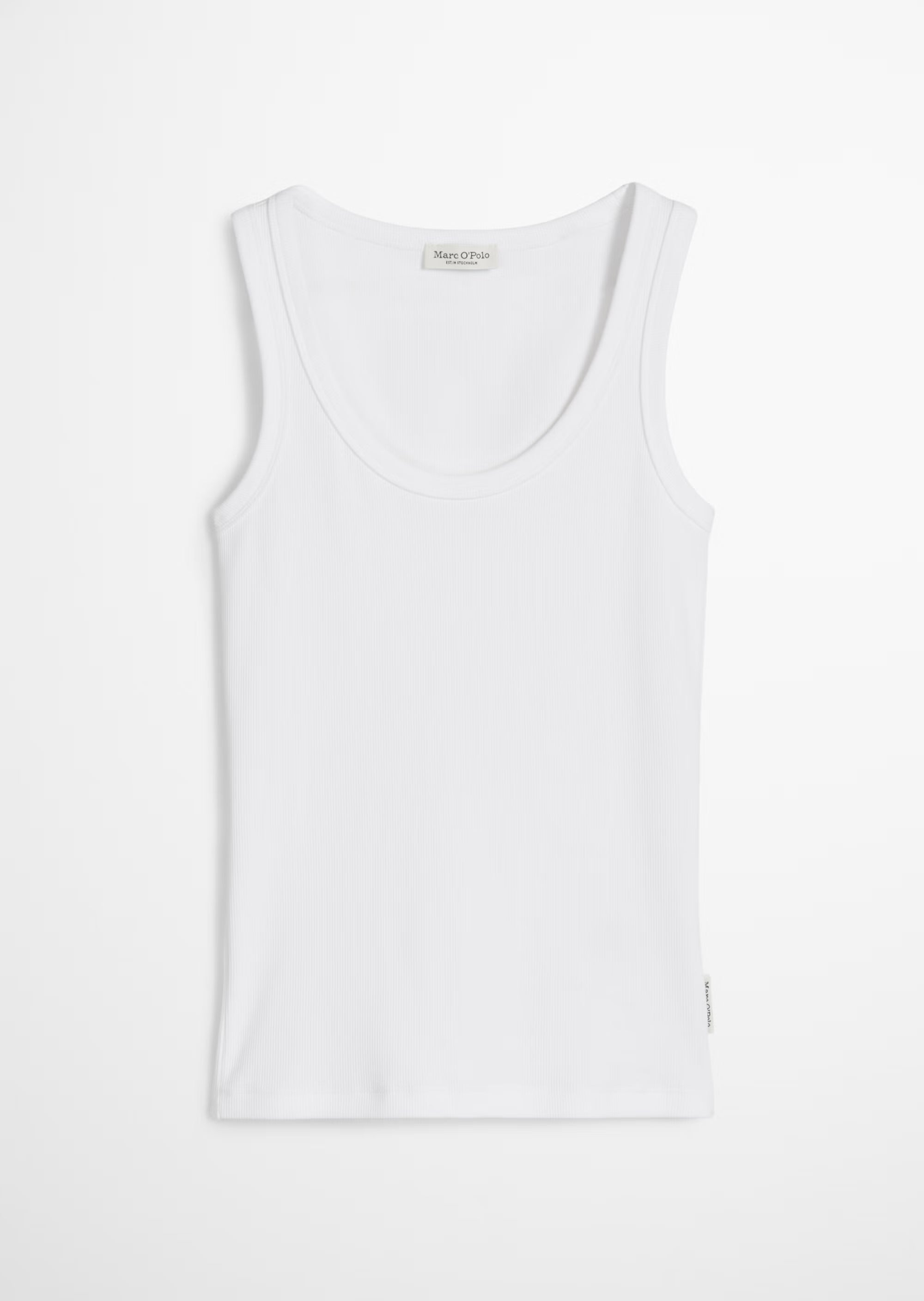 Marc O'Polo Tanktop in Weiß aus elastischem Rippjersey mit tiefem Rundhalsausschnitt und Regular Fit aus Bio-Baumwolle.