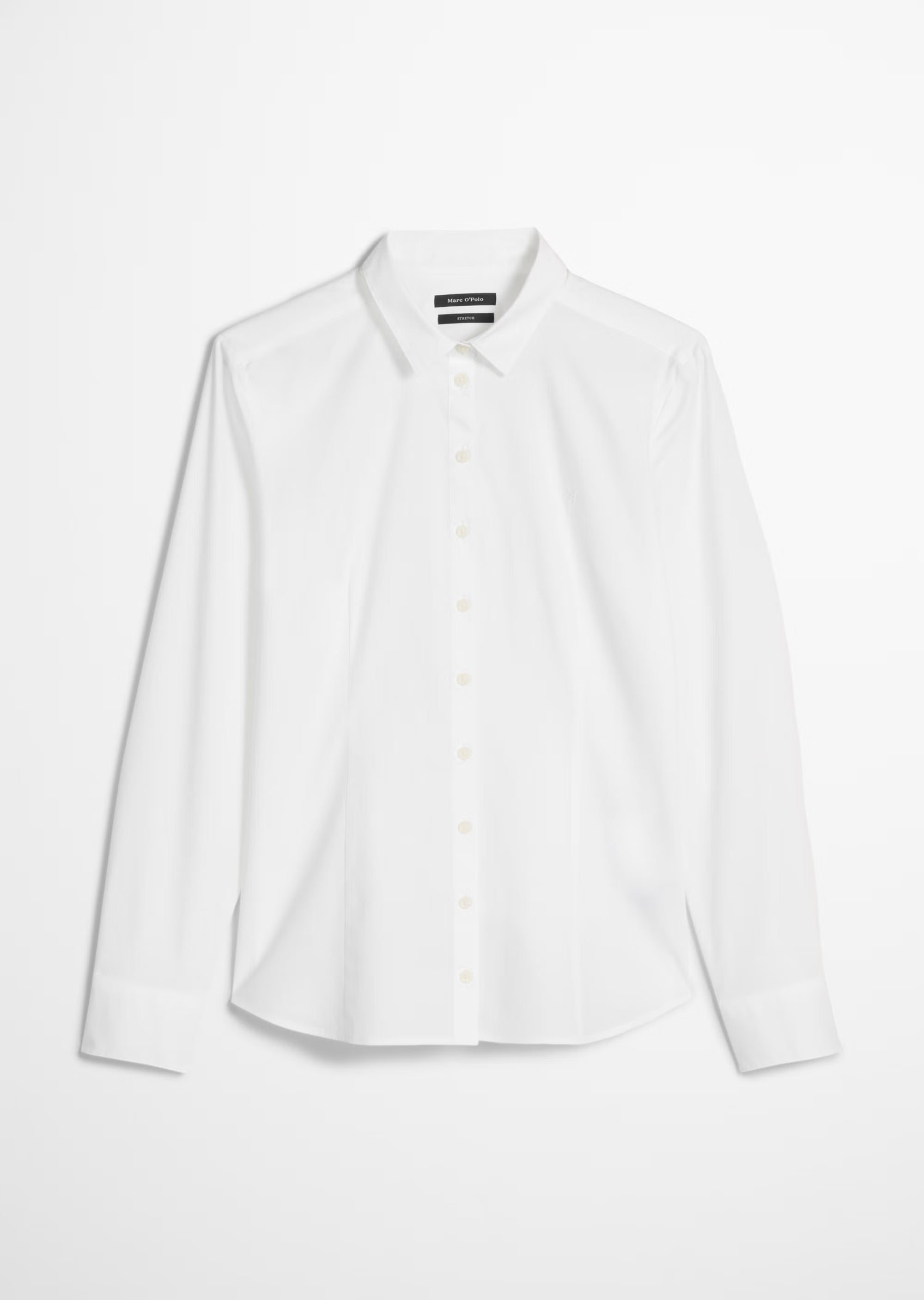 Marc O'Polo Langarm-Bluse in Weiß aus hochwertiger Stretch-Popeline mit Kentkragen, Knopfleiste, Slim-Fit-Passform und dezentem Logo-Stick auf der Brust.