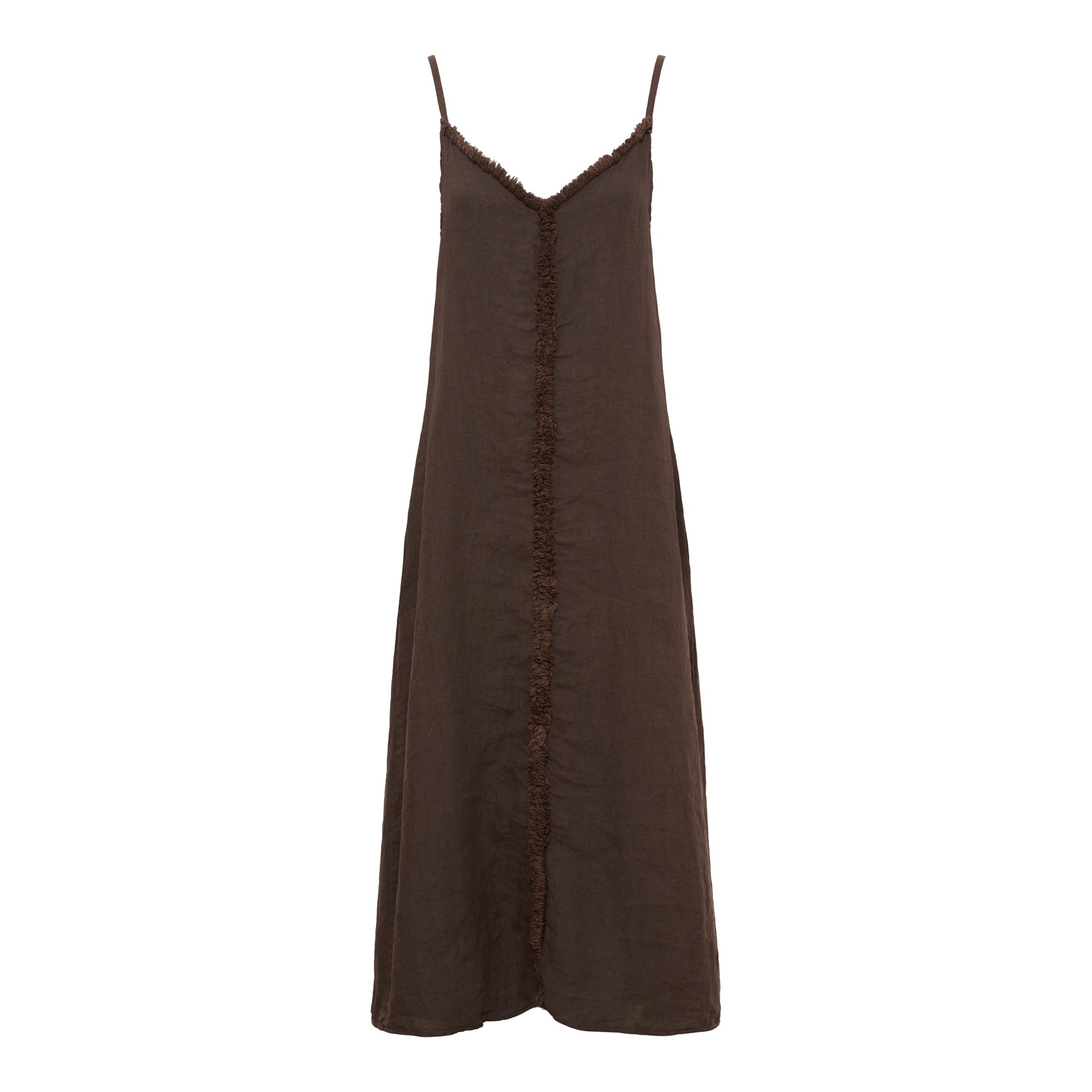 Braunes Maxikleid mit Spaghettiträgern und dekorativer Rüschennaht vorne von Marta du Chateau auf weißem Hintergrund.