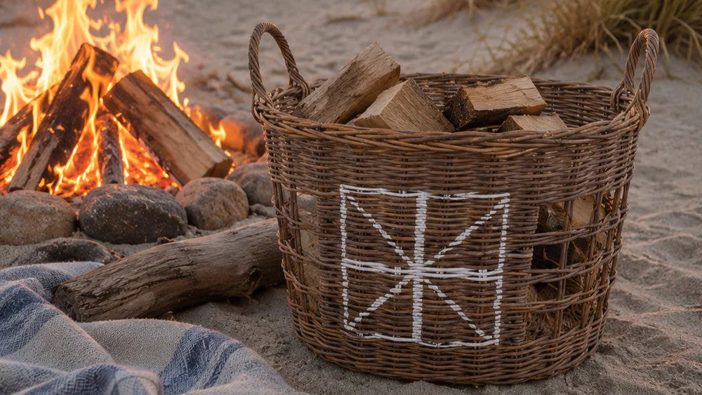 Rattankorb mit Holzscheiten am Strand von STRANDGUT