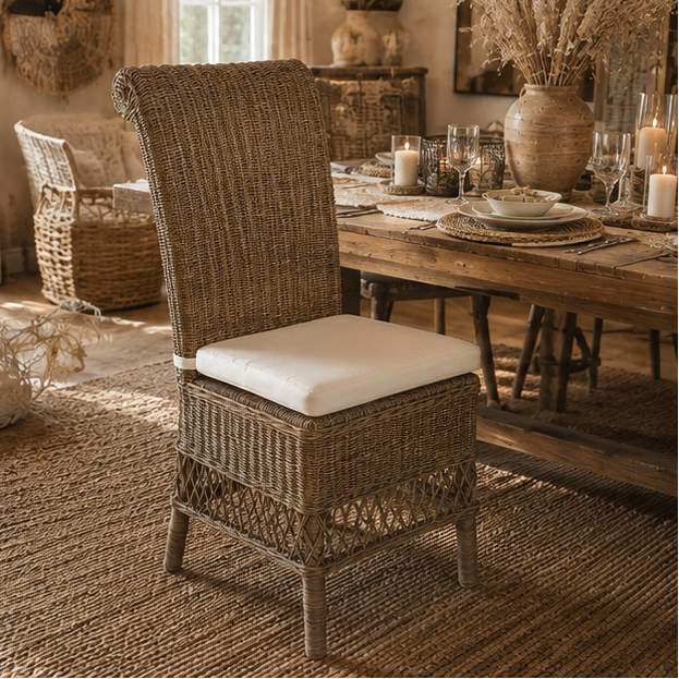 Rattan Dining Chair von STRANDGUT mit hoher geflochtener Rückenlehne und hellem Sitzkissen in Natur