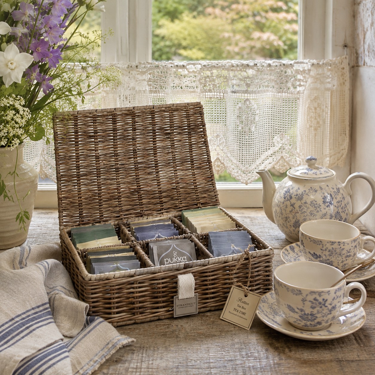 Handgefertigte Rattan Tea Box TEA TIME aus natürlichem Rattan mit neun Fächern für Teebeutel.