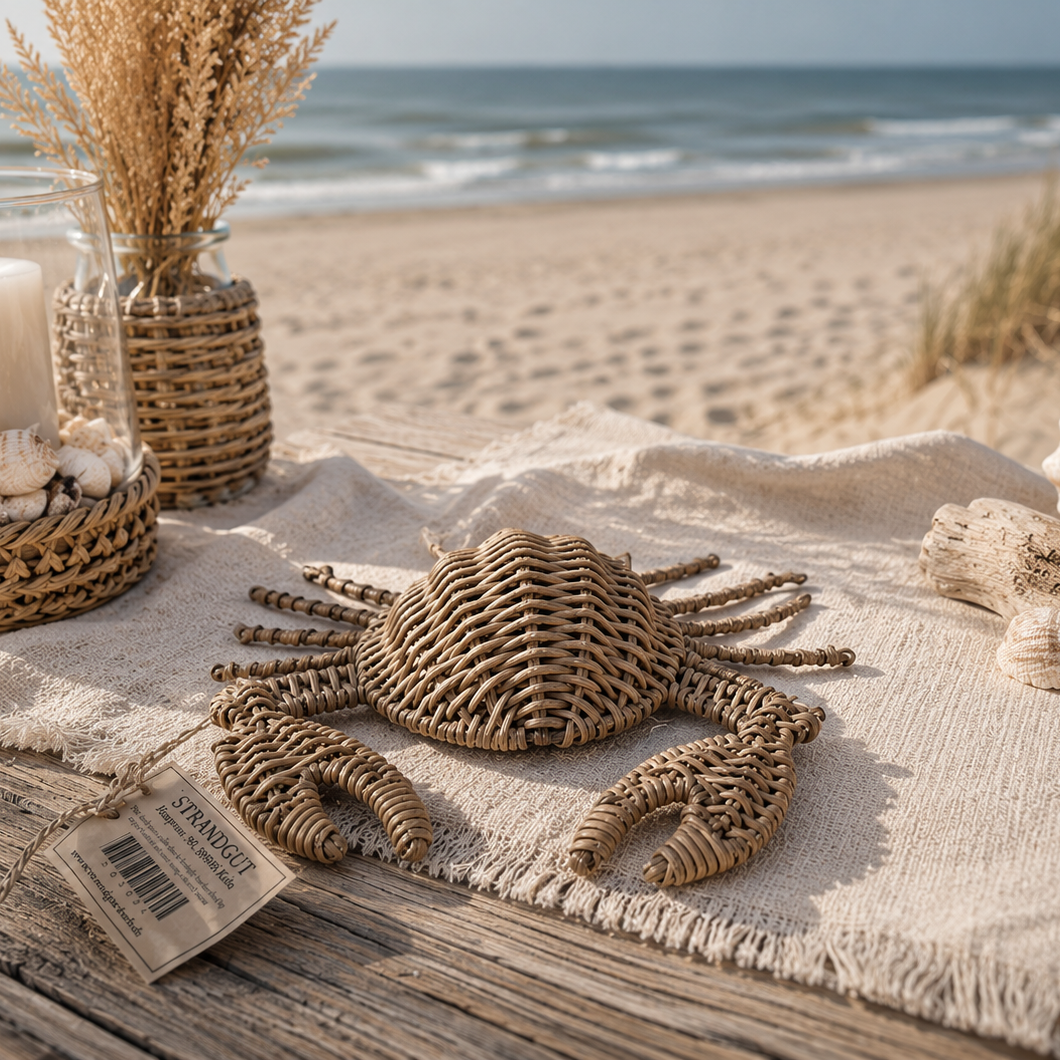 Handgeflochtene Rattan-Krabbe als maritime Tischdekoration aus Naturmaterial, 28 × 20 × 4 cm.