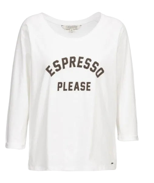 Herrlicher Angelika Jersey Shirt in Weiß mit braunem Espresso Please Print und 3/4-Ärmeln