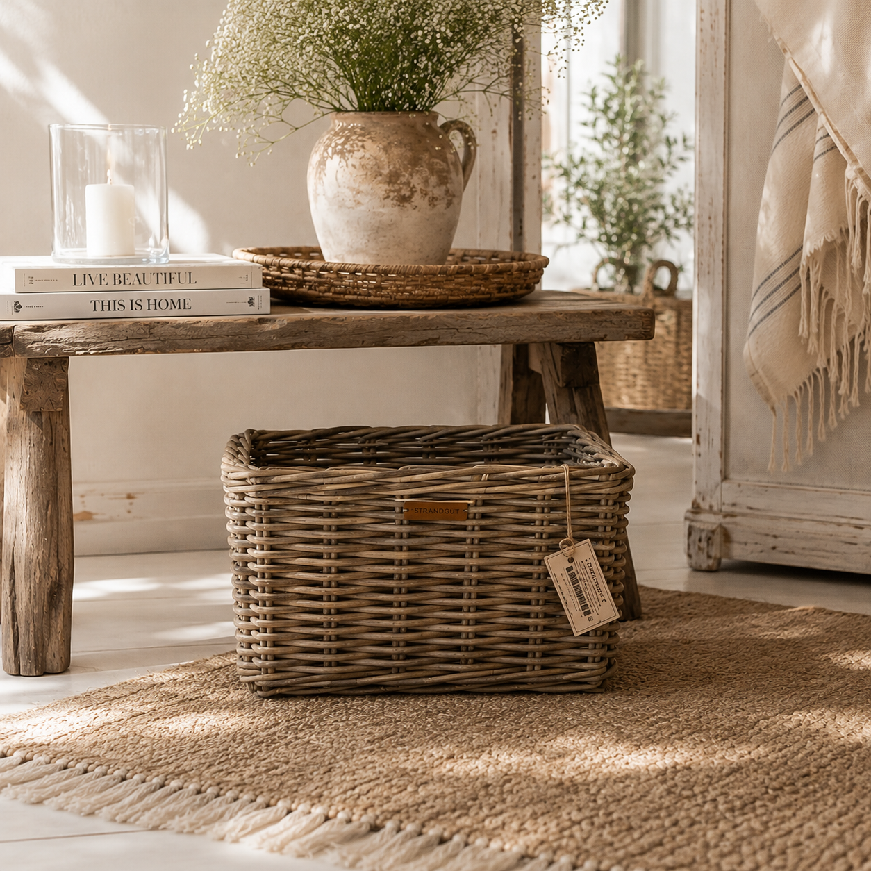 Handgeflochtener Rattan Basket Square in Natur Grau-Braun – dekorativer Aufbewahrungskorb in drei Größen