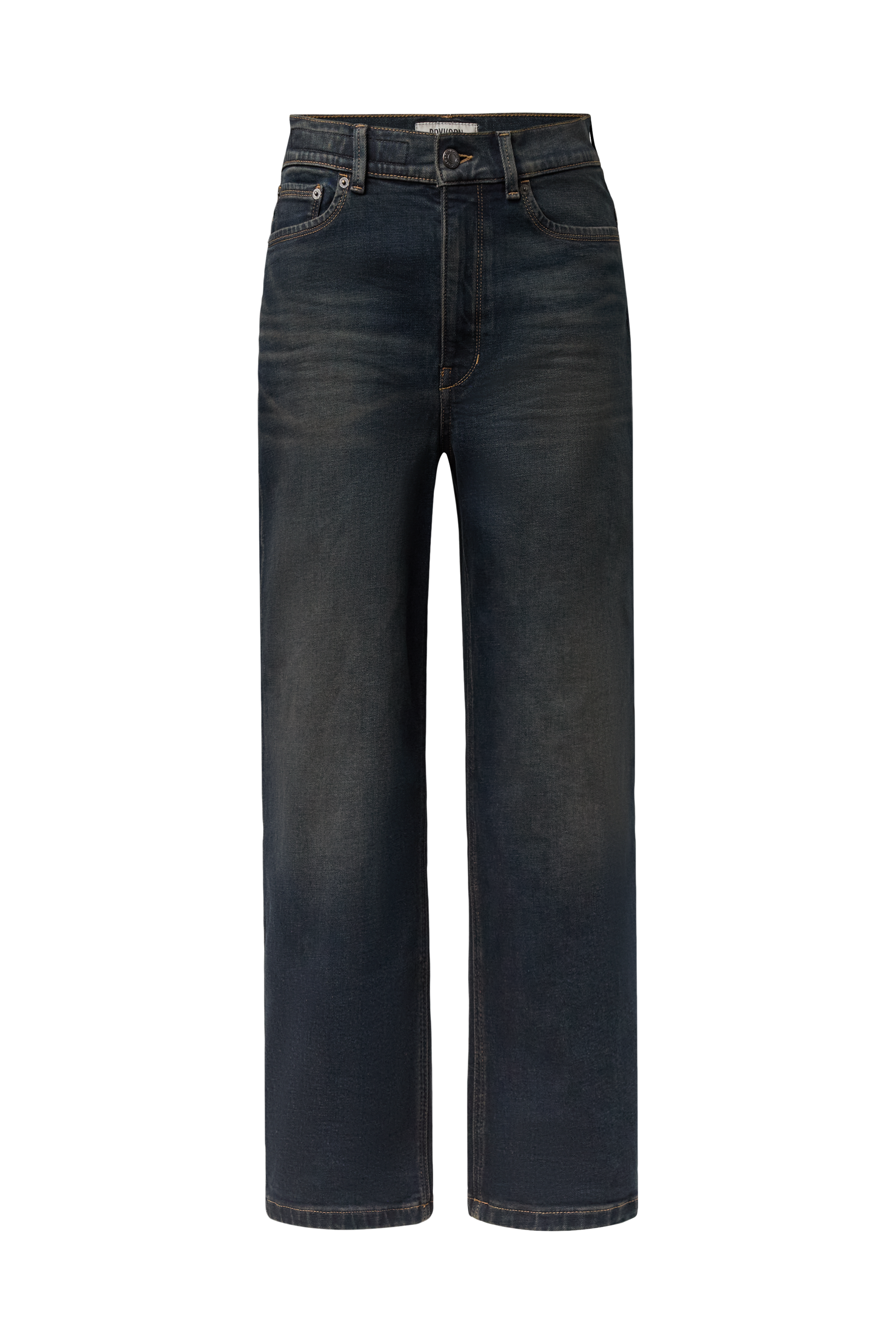 Model trägt die dunkelblaue DRYKORN FLOWN Wide-Leg-Jeans mit braunen Kontrastnähten und klassischem Five-Pocket-Design.