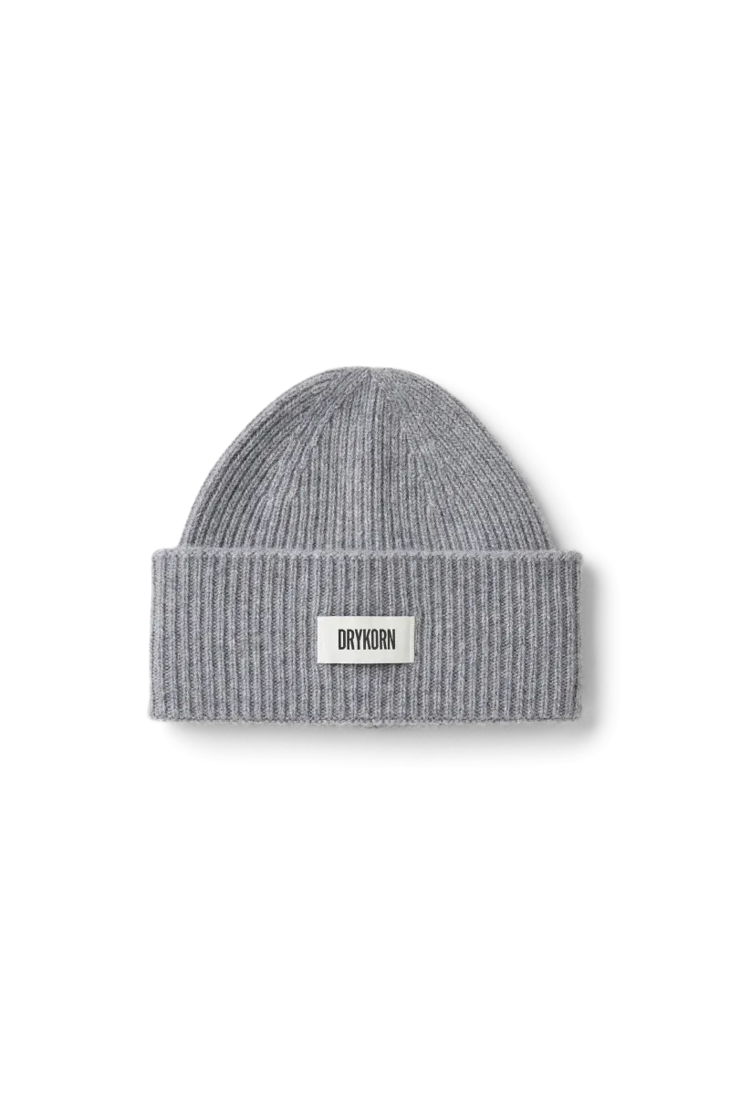 DRYKORN Mütze MOAH in Grau aus 100 % Kaschmir mit breitem Umschlag und Logo-Patch.