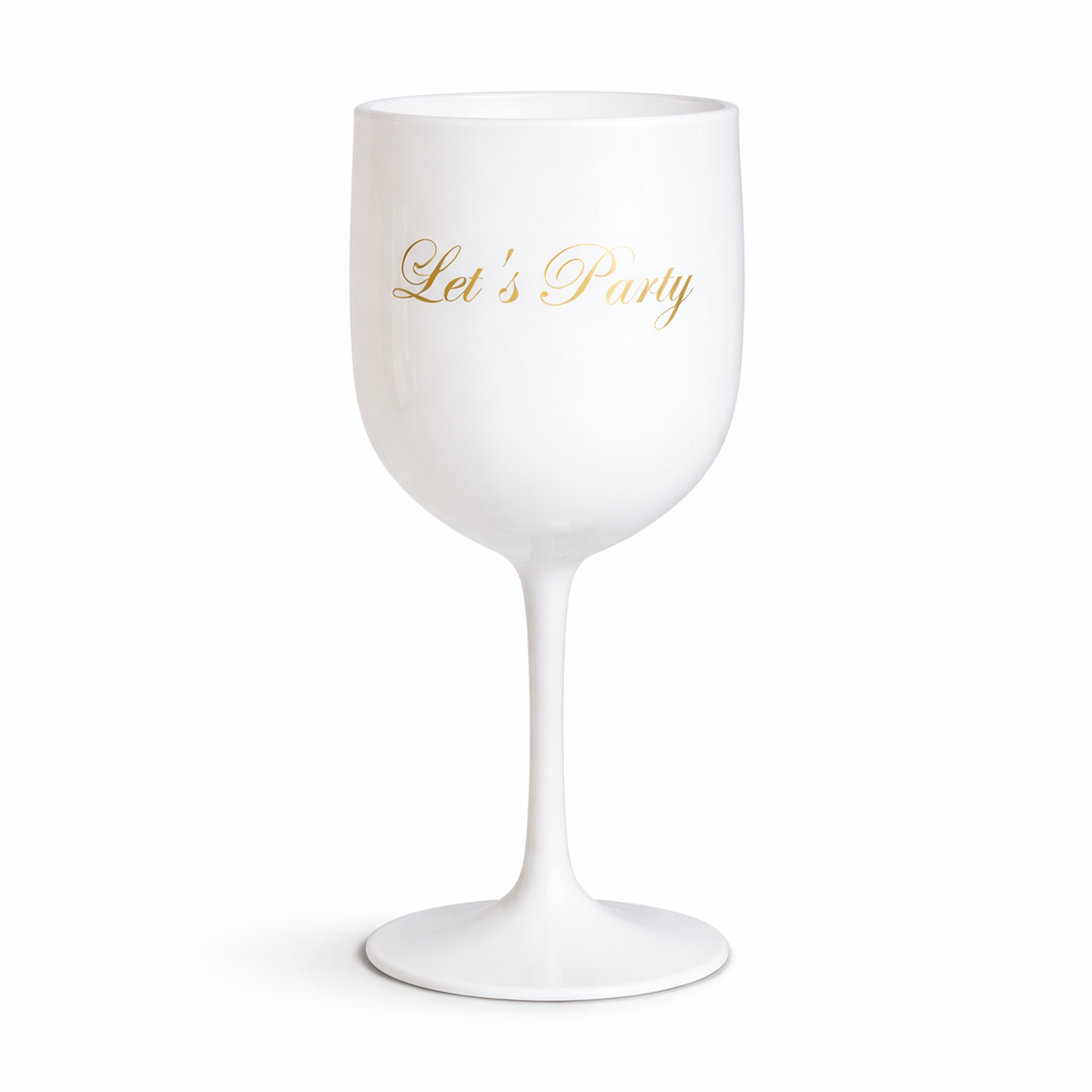 Weisses Kunsstoffglas mit goldener Aufschrift "Let's Party"