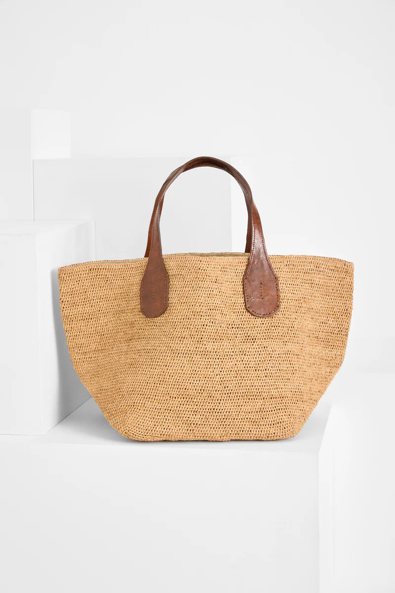 IBELIV TOKYO II Korbtasche aus handgefertigtem Raffia mit Ledergriffen und Bio-Baumwollfutter